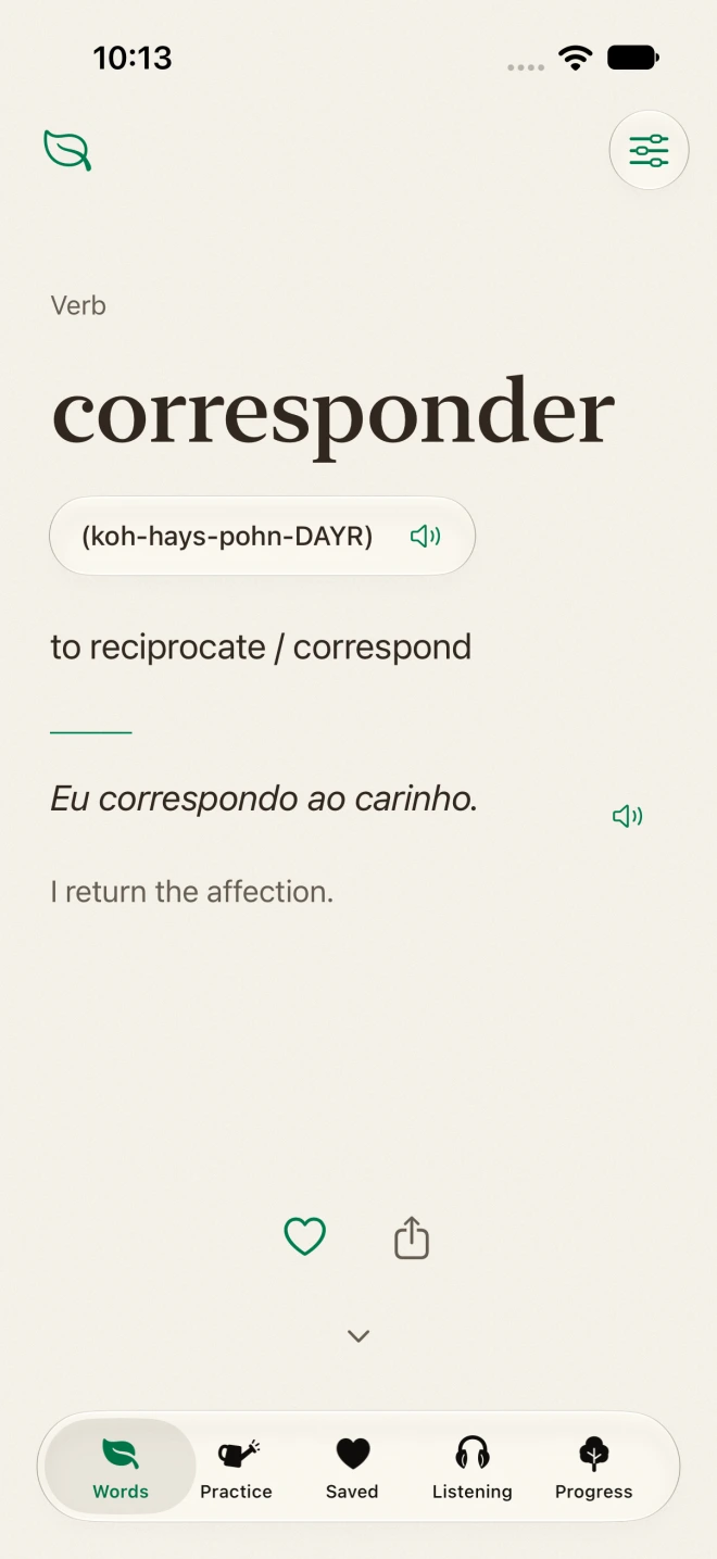 Bloco’s Words screen showing the Portuguese word corresponder, its pronunciation, English meaning, a spoken example, and the heart to save it.